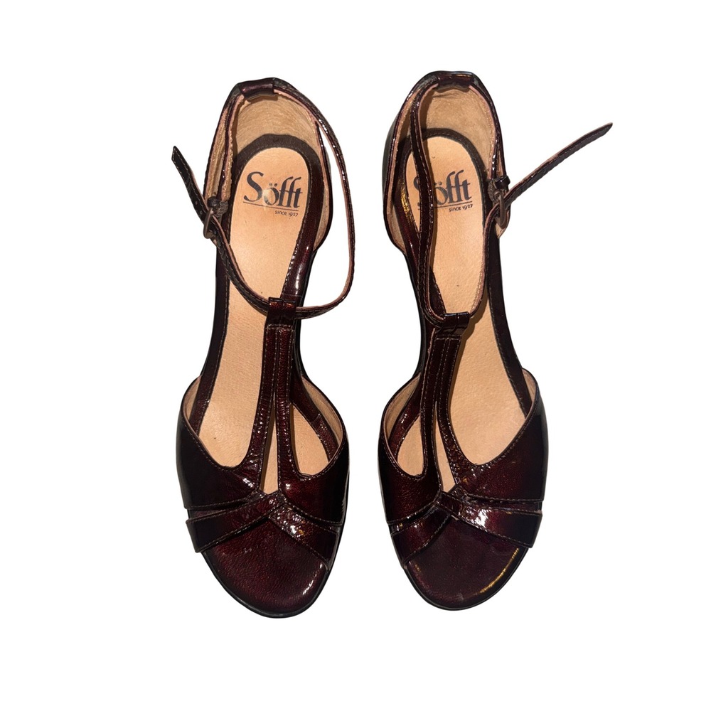 Sofft‎ Women's Patent T-Strap Platform Heels Size 7N Burgundy - Light Wear